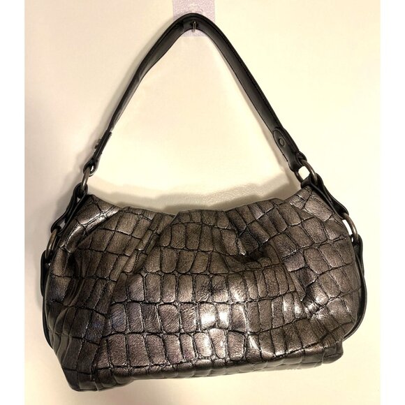 Simply Vera Wang Metallic Croc Embossed Shoulder Bag Black Strap Hobo Purse - Picture 1 of 10